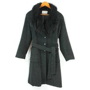 Vintage Vision Faux Fur Collar Belted Coat Overcoat Trench S M 1990s Grunge Y2K